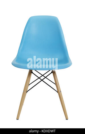 Front view of blue plastic chair isolated on white Stock Photo