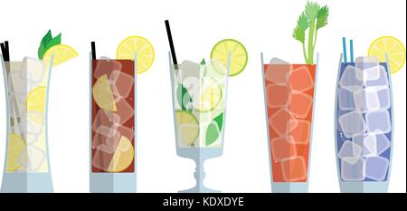 LONG DRINKS COCKTAIL GLASSES COLLECTION FLAT STYLE Stock Vector