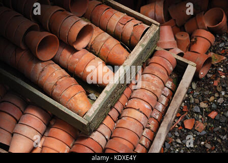 Terra Cotta Pots in a potting Shed Stock Photo