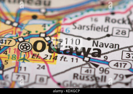 Closeup of Ottawa, Ontario on a road map of Canada. Stock Photo