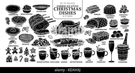 Set of isolated silhouette traditional Christmas dishes in 27 menu. Cute hand drawn food vector illustration in white outline and black plane on white Stock Vector
