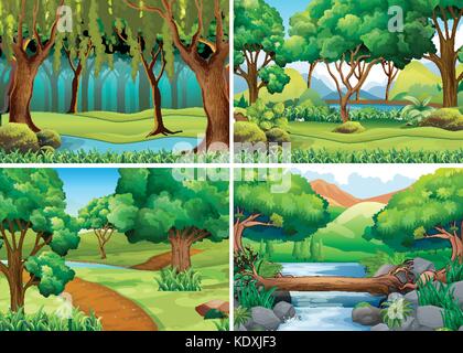 Four scenes of forest and river illustration Stock Vector