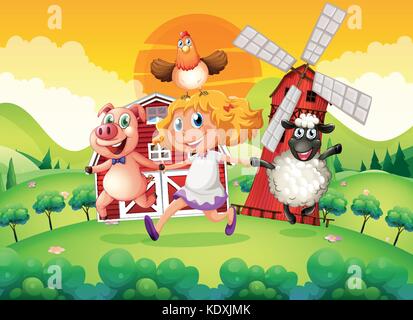 Farm scene with girl and animals on the farm Stock Vector Image & Art ...