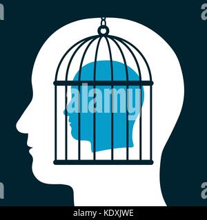Head in a mental cage inside silhouetted head showing a captive with lack of freedom of speech, mind, expression, personality and ideas - vector Stock Vector
