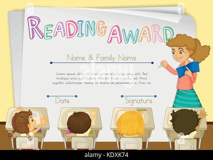 Certificate template for reading award with students in background illustration Stock Vector