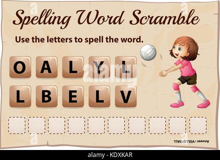 Spelling word scramble template with word volleyball illustration Stock Vector