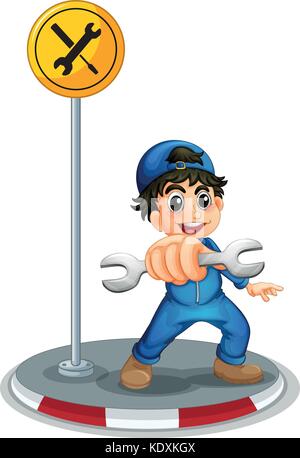 Mechanic holding wrench on the road illustration Stock Vector