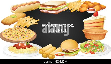 Different kinds of fastfood on menu illustration Stock Vector