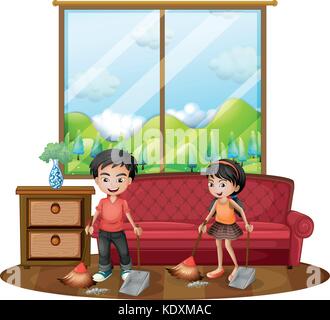 Two kids sweeping the floor illustration Stock Vector