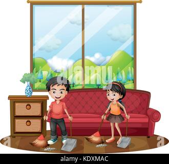 Boy and girl sweeping the floor illustration Stock Vector Art ...