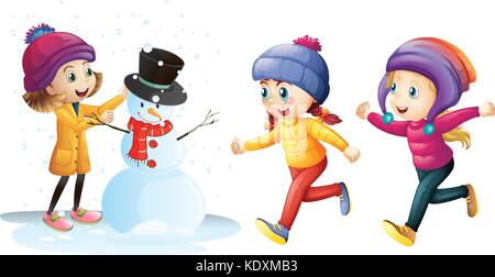 Three girls playing with snowman illustration Stock Vector