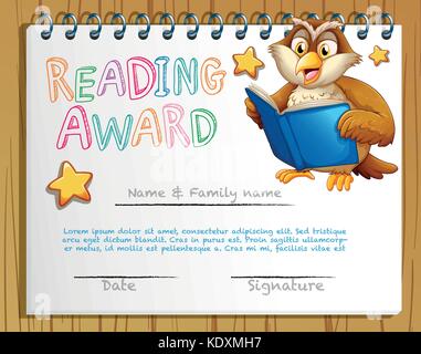 Certificate template with owl reading book illustration Stock Vector