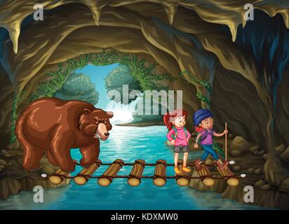 Hikers and bear in the cave illustration Stock Vector