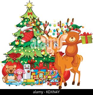 Christmas theme with reindeer and christmas tree illustration Stock Vector