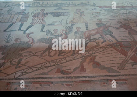 A view of Roman mosaics depicting the capture of animals in Africa from ...