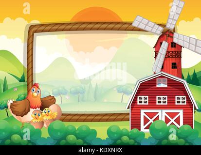 Frame template with chickens in the farm illustration Stock Vector