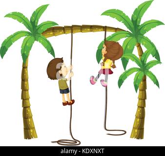 Kids climbing rope on the tree illustration Stock Vector