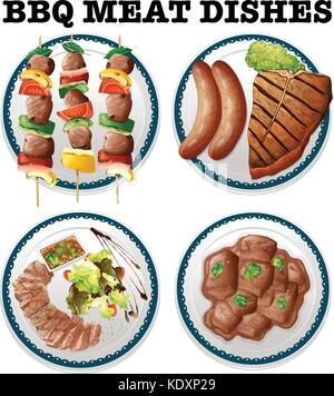 Different bbq meat on the plates illustration Stock Vector