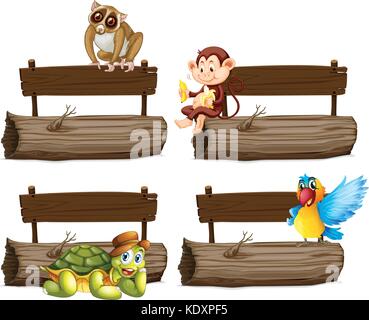 Wooden sign template with wild animals in the park illustration Stock ...