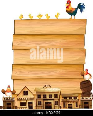 Board template with western town and chickens illustration Stock Vector