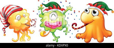 Christmas theme with three monsters having party illustration Stock Vector