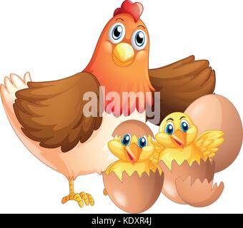 Mother hen and two chicks illustration Stock Vector