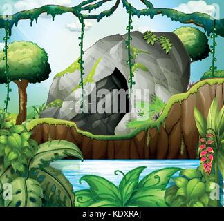 Scene with cave in the deep forest illustration Stock Vector