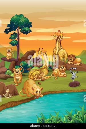 Scene with many wild animals in the park illustration Stock Vector ...