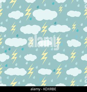 Rainy seamless pattern with clouds, lightnings and raindrops Stock Vector