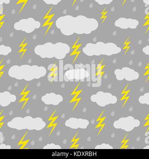 Rainy seamless pattern with clouds, lightnings and raindrops Stock Vector