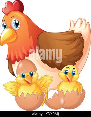Mother hen and two chicks in eggs illustration Stock Vector