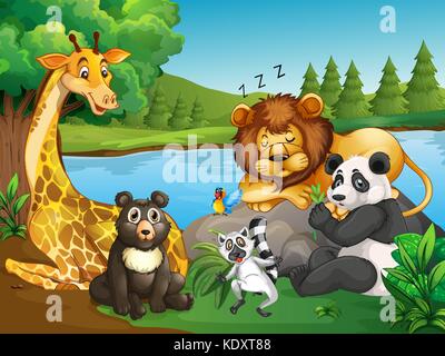 Many types of wild animals by the lake illustration Stock Vector