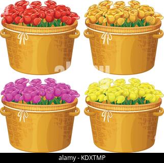 Four baskets of roses in different colors illustration Stock Vector