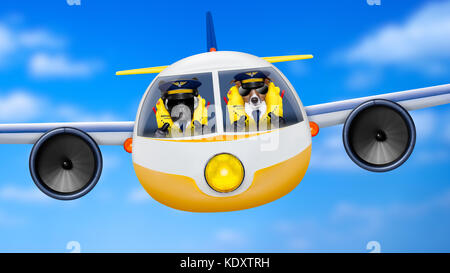 pilot and copilot dogs in cockpit cabin flying , landing or departing  for a summer vacation holiday  with funny airplane Stock Photo