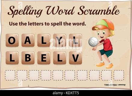 Spelling word scramble template with word volleyball illustration Stock Vector