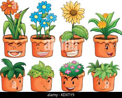 Different types of plant in clay pots illustration Stock Vector