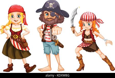 Three pirate characters on white background illustration Stock Vector
