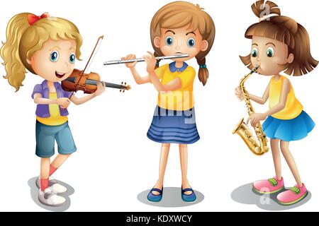 Three girls playing classical instruments illustration Stock Vector