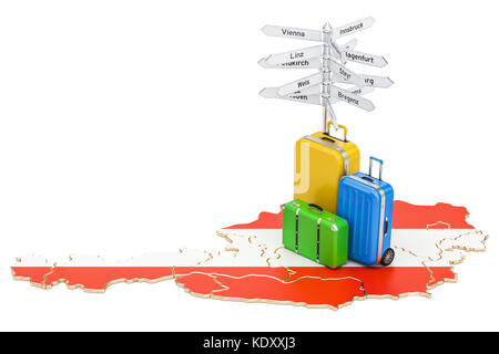 Austria travel concept. Austrian map with suitcases and signpost, 3D rendering Stock Photo