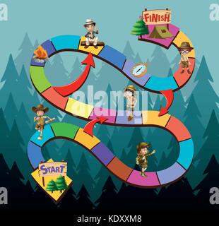 Game template with kids hiking on mountain illustration Stock Vector