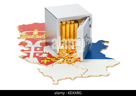 Safe box with golden coins on the map of Serbia, 3D rendering isolated on white background Stock Photo