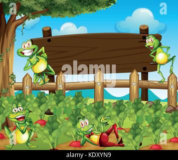 Frogs and wooden sign in the farm illustration Stock Vector