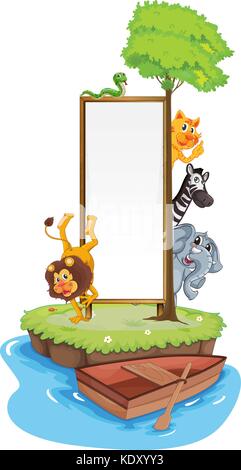Many animals and whiteboard on island illustration Stock Vector