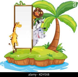 Wild animals and sign on island illustration Stock Vector