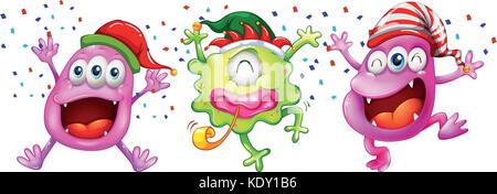 Three monsters wearing party hats illustration Stock Vector