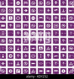 100 road signs icons set grunge purple Stock Vector