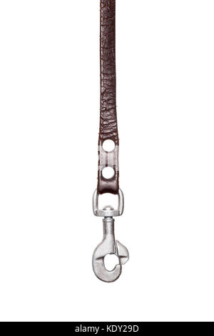 retro vintage old brown leather leash hanging , isolated on white background Stock Photo