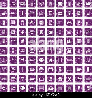 100 smart house icons set grunge purple Stock Vector