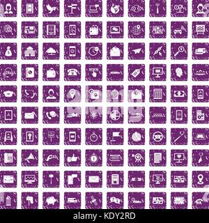 100 smartphone icons set grunge purple Stock Vector
