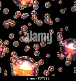Orange colored soap bubbles floating on black Stock Photo